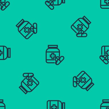 Mavi çizgi ilaç şişesi ve ilaç ikonu yeşil arka planda izole edilmiş kusursuz desen. Şişe hapı işareti. Eczane tasarımı. Vektör İllüstrasyonu