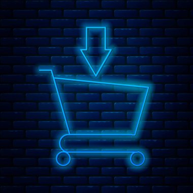 Parlayan neon hattı Tuğla duvarda izole edilmiş alışveriş arabası simgesine ekle. İnternetten satın alma konsepti. Servis tabelası. Süpermarket sepeti sembolü. Vektör İllüstrasyonu