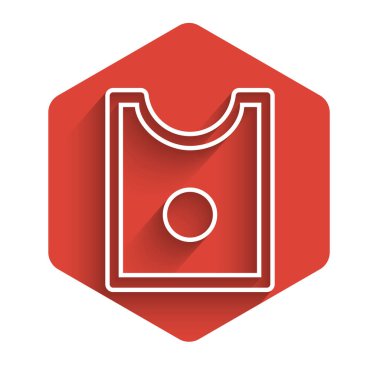 Beyaz çizgi dikiş kalıbı simgesi uzun gölgeli izole edilmiş. Dikiş için işaretler. Kırmızı altıgen düğmesi. Vektör İllüstrasyonu