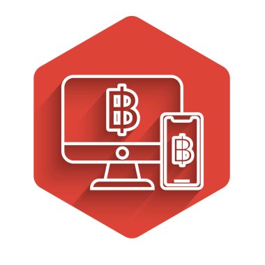 Cep telefonlu beyaz çizgi bilgisayar monitörü ve uzun gölgeli bitcoin simgesi. İnternetten alışveriş konsepti. İnternetten kazanç. Kırmızı altıgen düğmesi. Vektör İllüstrasyonu