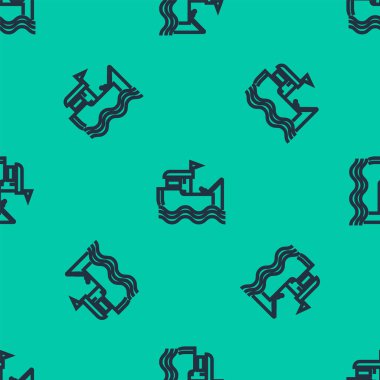 Mavi çizgili balıkçı teknesi su ikonu üzerinde olta ile yeşil arka planda izole edilmiş pürüzsüz desen. Vektör İllüstrasyonu