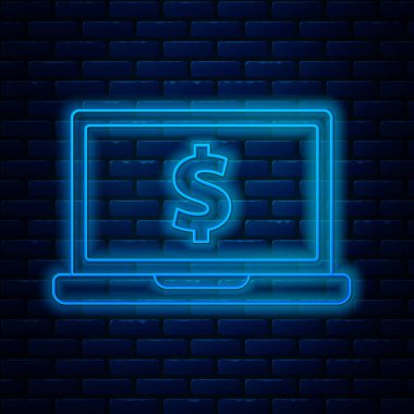 Parlak neon hattı dizüstü bilgisayar ve tuğla duvar arka planında izole edilmiş dolar sembolü. İnternetten alışveriş konsepti. İnternetten kazanç, pazarlama. Vektör İllüstrasyonu