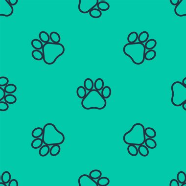 Mavi çizgi Paw yazdırma simgesi yeşil arkaplandaki kusursuz deseni izole etti. Köpek ya da kedi pençesi izi. Hayvan izleri. Vektör İllüstrasyonu
