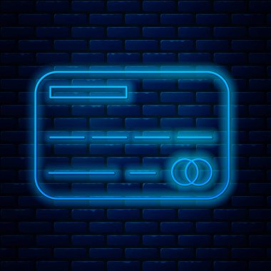 Parlayan neon hattı kredi kartı simgesi tuğla duvar arkasında izole edildi. Çevrimiçi ödeme. Nakit çekilmesi. Finansal operasyonlar. Alışveriş tabelası. Vektör İllüstrasyonu