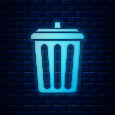 Parlayan neon çöp kutusu simgesi tuğla duvar arka planında izole edildi. Çöp kutusu tabelası. Sepet simgesini geri dönüştür. Ofis çöpü ikonu. Vektör İllüstrasyonu