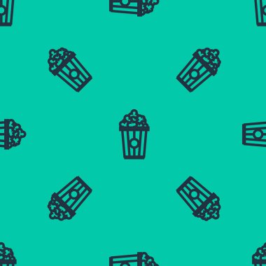 Karton kutu simgesinde mavi çizgi patlamış mısır yeşil arka planda izole edilmiş kusursuz desen. Patlamış mısır kutusu. Vektör İllüstrasyonu