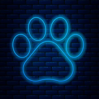 Parlayan neon çizgisi Paw baskı simgesi tuğla duvar arka planında izole edildi. Köpek ya da kedi pençesi izi. Hayvan izleri. Vektör İllüstrasyonu