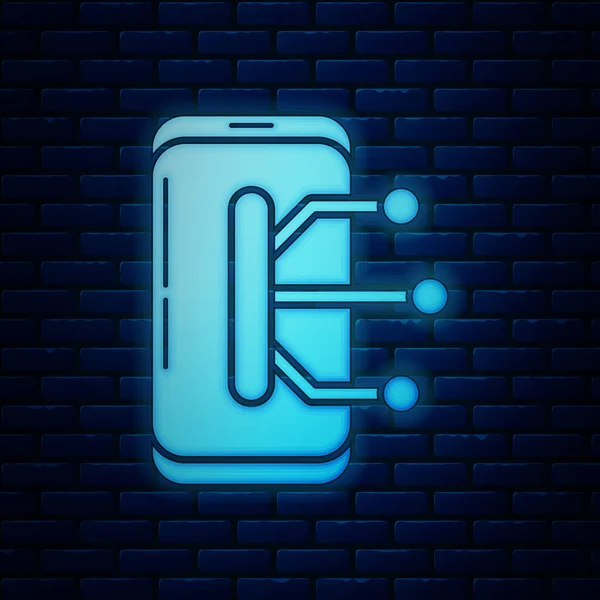 Brillante neon Smartphone, icona del telefono cellulare isolato su sfondo muro di mattoni. Illustrazione vettoriale — Vettoriale Stock