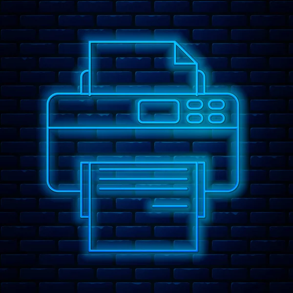 Icono de la impresora de línea de neón brillante aislado en el fondo de la pared de ladrillo. Ilustración vectorial — Archivo Imágenes Vectoriales