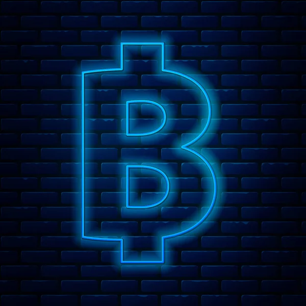 Gloeiende neon lijn Cryptogeld munt Bitcoin pictogram geïsoleerd op baksteen muur achtergrond. Fysiek beetje munt. Blockchain gebaseerde veilige crypto valuta. Vector Illustratie — Stockvector