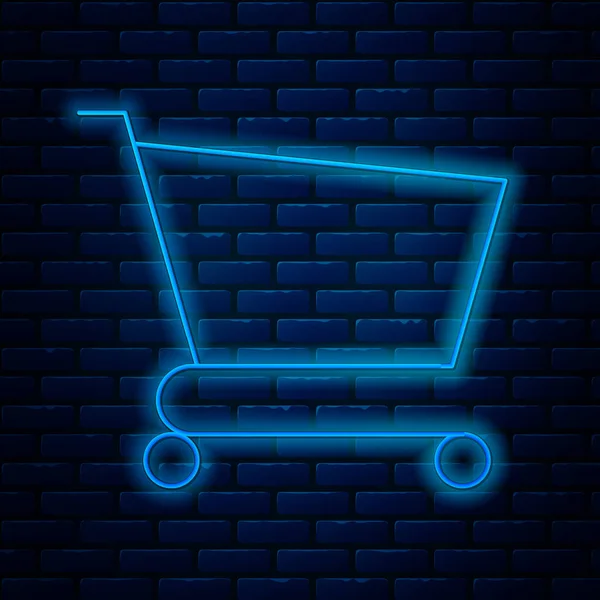 Línea de neón brillante Icono del carrito de compras aislado en el fondo de la pared de ladrillo. Concepto de compra en línea. Señal de entrega. Símbolo de cesta de supermercado. Ilustración vectorial — Archivo Imágenes Vectoriales