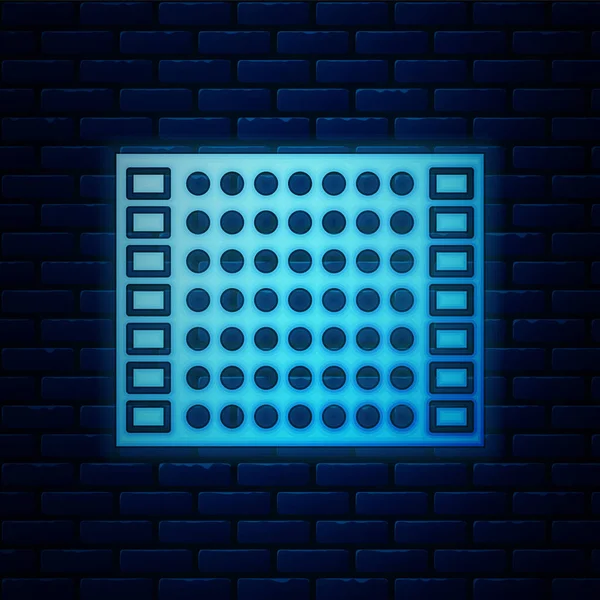 Lumineux néon Carte de circuit imprimé Icône PCB isolée sur fond de mur de briques. Illustration vectorielle — Image vectorielle