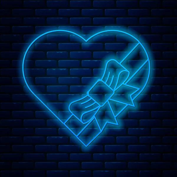 Leuchtende Neon-Line-Bonbons in herzförmiger Schachtel und Bogensymbol isoliert auf Backsteinwand-Hintergrund. Valentinstag. Vektorillustration — Stockvektor