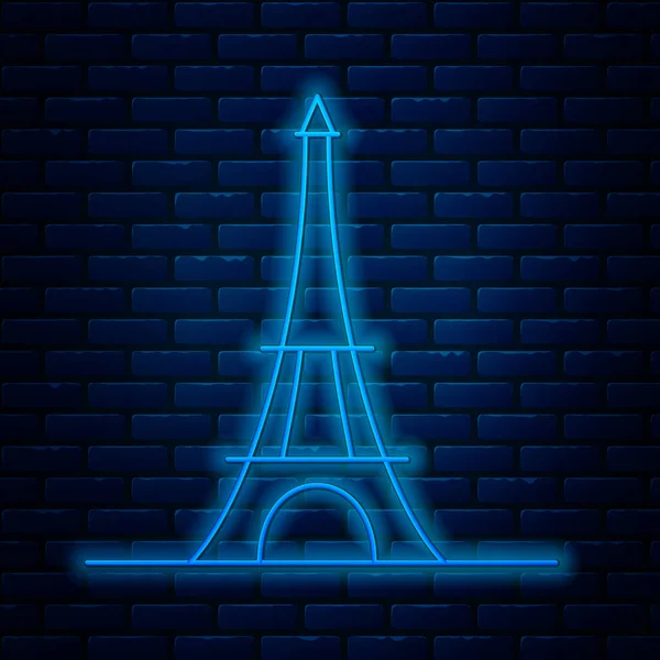 輝くネオンラインレンガの壁の背景に隔離されたエッフェル塔のアイコン。フランスパリのランドマークシンボル。ベクターイラスト — ストックベクタ