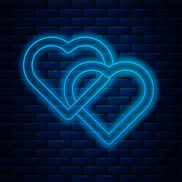 Leuchtende Neon-Linie zwei verknüpfte Herzen Symbol isoliert auf Backsteinwand Hintergrund. romantisches Symbol verbunden, verbinden, Leidenschaft und Hochzeit. Valentinstag-Symbol. Vektorillustration — Stockvektor