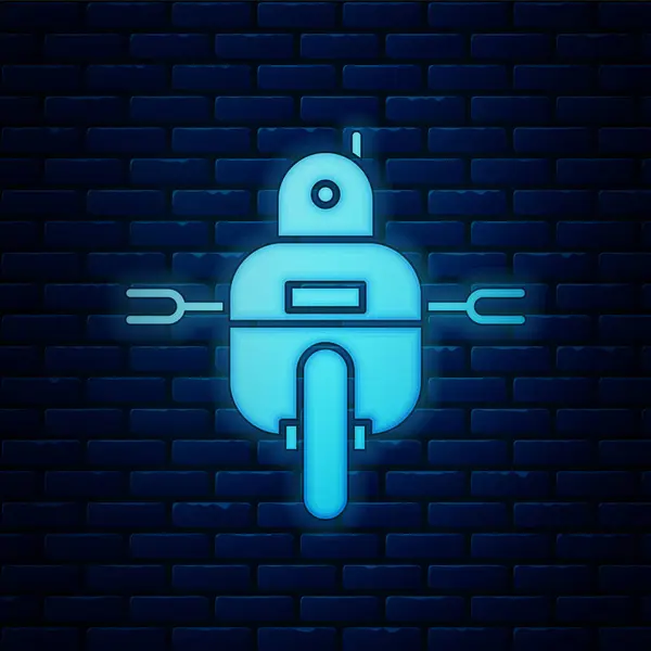 Zářící neon robot ikona izolované na cihlové zdi pozadí. Vektorová ilustrace — Stockový vektor