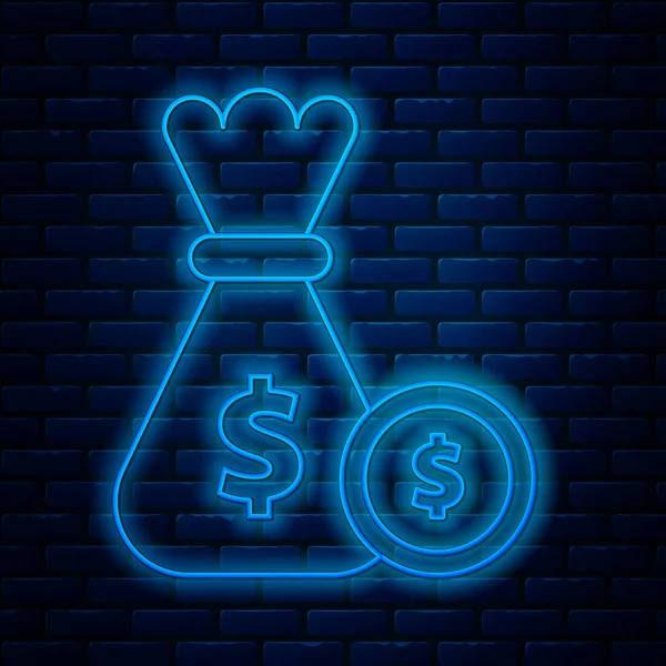 Świecące neon line Torba pieniędzy i ikona monety izolowane na tle cegły ściany. Dolar lub symbol Usd. Znak waluty Cash Banking. Ilustracja wektora — Wektor stockowy