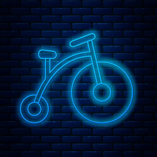 Leuchtendes neonfarbenes Oldtimer-Fahrrad mit einem großen Rad und einem kleinen Symbol isoliert auf Backstein-Hintergrund. Fahrrad öffentliche Verkehrsmittel Schild. Vektorillustration — Stockvektor