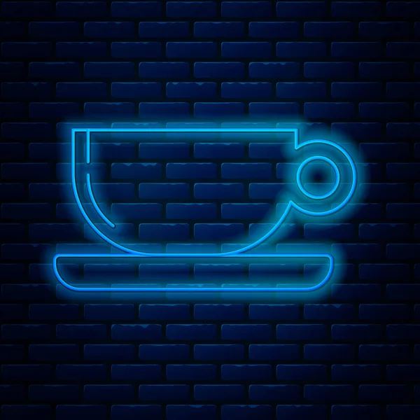 Linea neon incandescente Tazza di caffè icona piatta isolata su sfondo muro di mattoni. Una tazza di tè. Caffè caldo. Illustrazione vettoriale — Vettoriale Stock