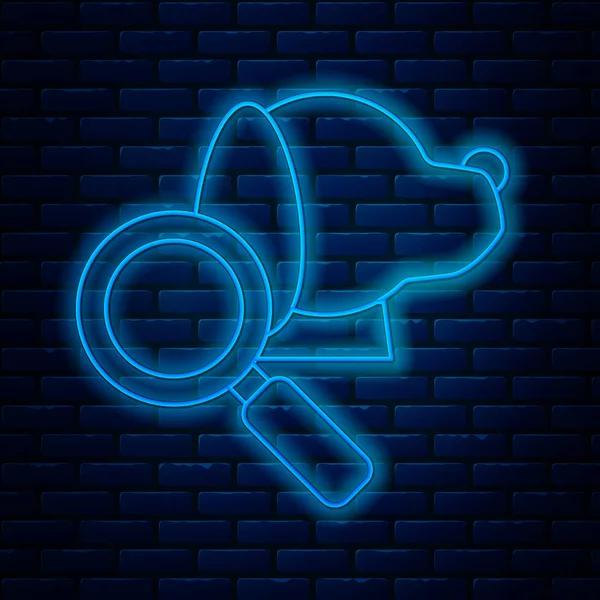 Glowing neon line Veterinary clinic symbol icon isolated on brick wall background. Magnifying glass with dog veterinary care. Pet First Aid sign. Vector Illustration