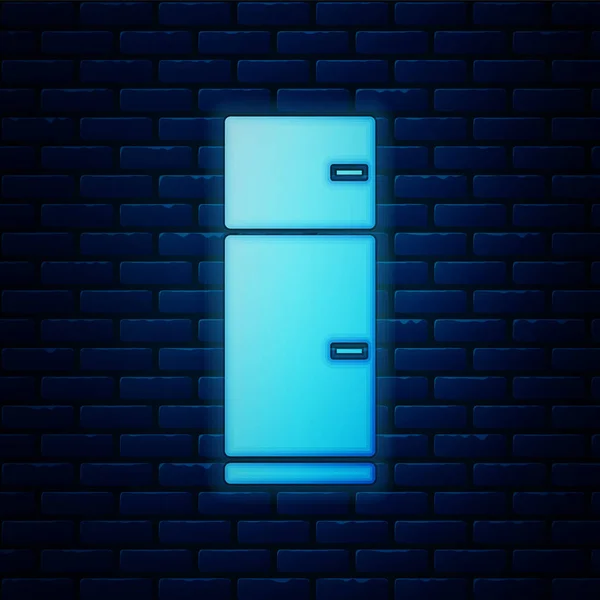 네온 냉동기 아이콘은 벽돌 벽 배경에 분리되어 있다. 냉동 냉장고 야. 가정용 기술 과 가전제품. 사기적 인 예 — 스톡 벡터