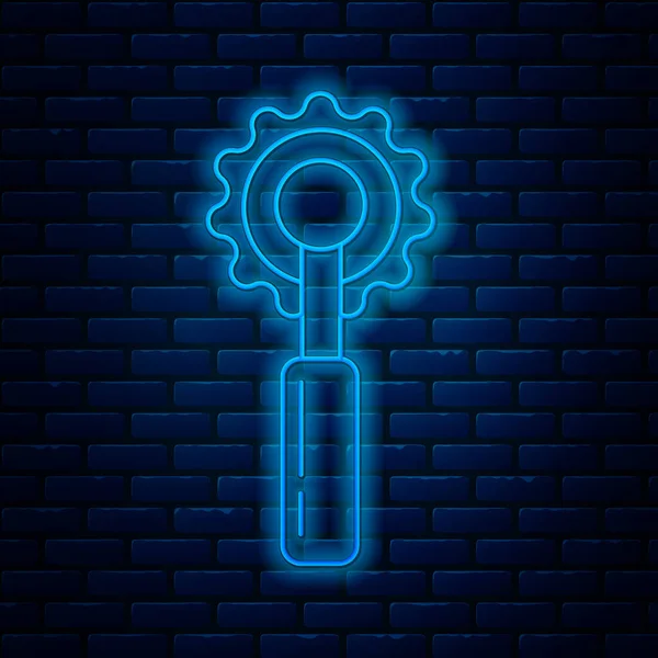 Linea neon incandescente icona utensile Cutter isolato su sfondo muro di mattoni. Coltello da cucire con lama. Illustrazione vettoriale — Vettoriale Stock