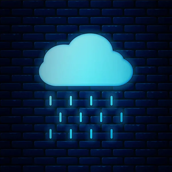 Leuchtende Neon-Wolke mit Regensymbol isoliert auf Backsteinmauer Hintergrund. Regenwolken Niederschlag mit Regentropfen. Vektorillustration — Stockvektor