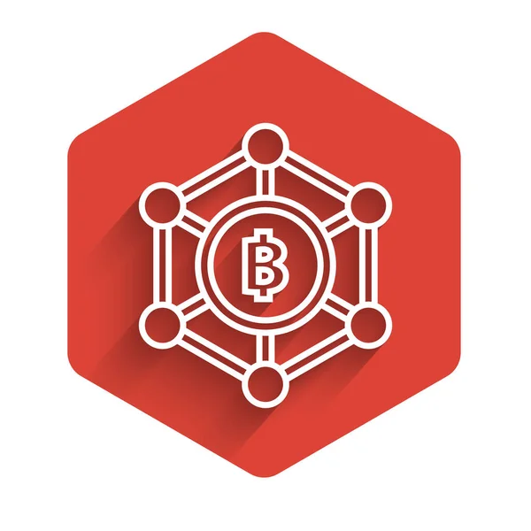 Ligne blanche technologie Blockchain icône Bitcoin isolé avec une ombre longue. Résumé géométrique chaîne de blocs entreprise de technologie de réseau. Bouton hexagonal rouge. Illustration vectorielle — Image vectorielle