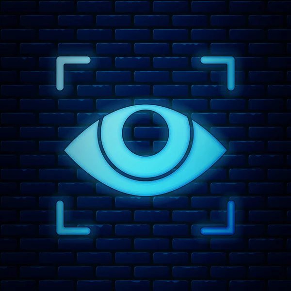 Leuchtende Neon-Augen-Scan-Symbol isoliert auf Backsteinwand Hintergrund. Augen abtasten. Sicherheitsüberprüfungssymbol. Cyber-Augenzeichen. Vektorillustration — Stockvektor