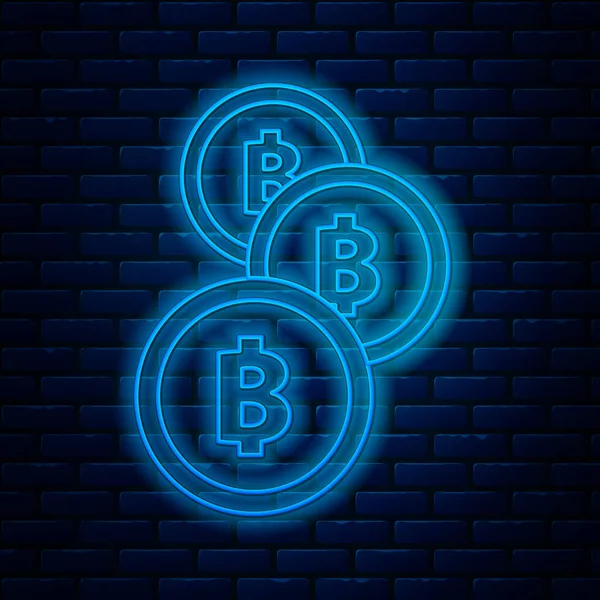 Glowing neon line Cryptocurrency coin Bitcoin icon isolated on brick wall background. Physical bit coin. Blockchain based secure crypto currency. Vector Illustration — Stock Vector