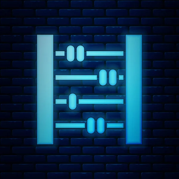 Lumineux néon icône Abacus isolé sur fond de mur de briques. Cadre de comptage traditionnel. Panneau éducatif. École de mathématiques. Illustration vectorielle — Image vectorielle