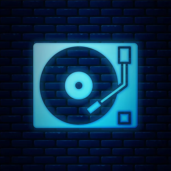 Glühende Neon-Vinyl-Player mit einem Vinyl-Disk-Symbol isoliert auf Backstein-Wand Hintergrund. Vektorillustration — Stockvektor