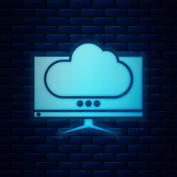Icona dello schermo del monitor del computer al neon luminoso isolato su sfondo muro di mattoni. Dispositivo elettronico. Vista frontale. Illustrazione vettoriale — Vettoriale Stock