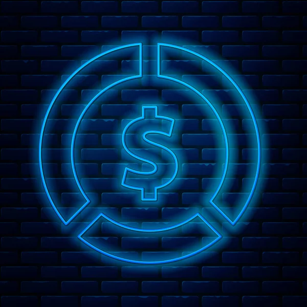 Linha de néon brilhante Moeda dinheiro com símbolo de dólar ícone isolado no fundo da parede de tijolo. Sinal de moeda bancária. Símbolo. Ilustração vetorial — Vetor de Stock