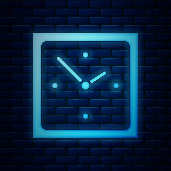 벽돌 벽 배경에 네온 시계 아이콘이 분리되어 있다. 시간의 상징. 사기적 인 예 — 스톡 벡터