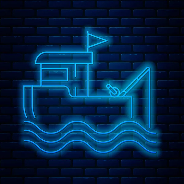 Светящаяся неоновая линия Рыбацкая лодка с удочкой на водной иконке изолирована на фоне кирпичной стены. Векторная миграция — стоковый вектор