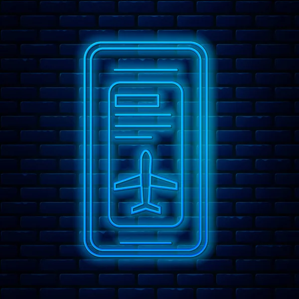 Linha de néon brilhante Smartphone com cartão de embarque eletrônico ícone bilhete de avião isolado no fundo da parede de tijolo. Passageiro avião bilhete móvel para web e app. Ilustração vetorial — Vetor de Stock