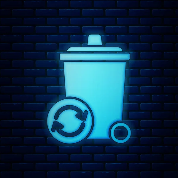 Gloeiende neon recycle bin met recycle symbool icoon geïsoleerd op bakstenen muur achtergrond. Prullenbakpictogram. Vuilnis bin teken. Recycle mand teken. Vector illustratie — Stockvector