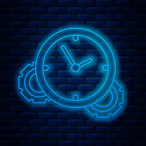 发光的霓虹灯线时间管理图标隔离在砖墙背景. 时钟和齿轮的标志。 生产力的象征。 病媒图解 — 图库矢量图片