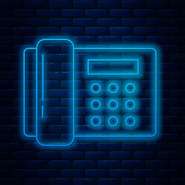Glödande neon line Telefon ikon isolerad på tegel vägg bakgrund. Telefonen är fast. Vektor Illustration — Stock vektor