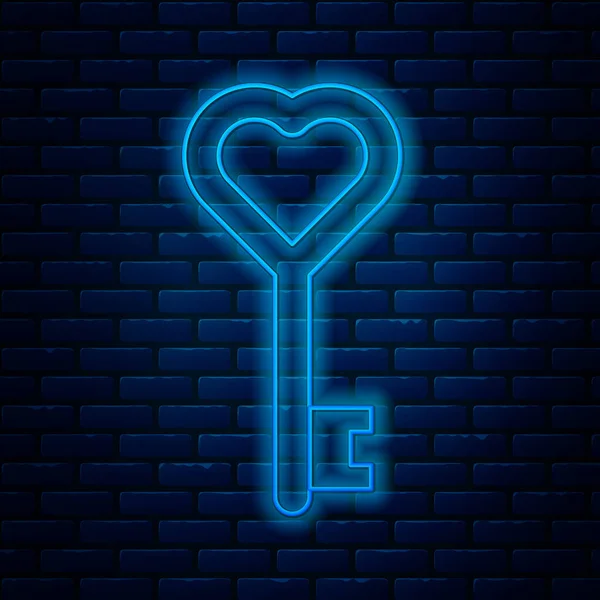 Glowing neon line Key in heart shape icon isolated on brick wall background. Vector Illustration — Stock Vector