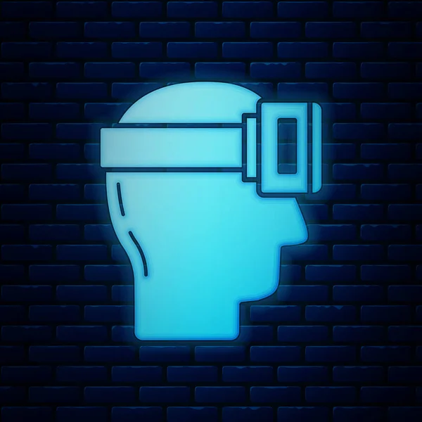 Glowing neon Virtual reality glasses icon isolated on brick wall background. Stereoscopic 3d vr mask. Vector Illustration — ストックベクタ