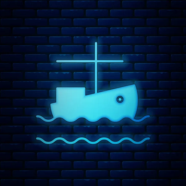 Светящаяся неоновая рыбацкая лодка на иконке воды изолирована на фоне кирпичной стены. Векторная миграция — стоковый вектор