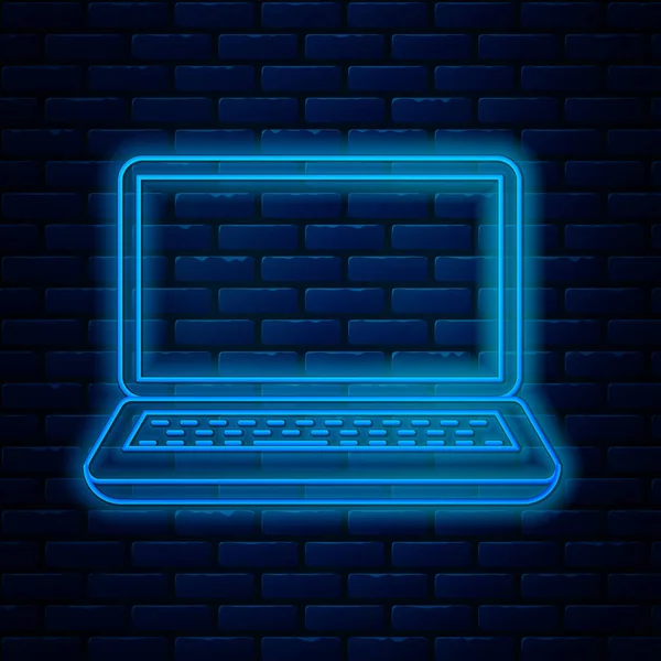 Parlayan neon hattı dizüstü bilgisayar simgesi tuğla duvar arka planında izole edildi. Boş ekran işaretli bilgisayar defteri. Vektör İllüstrasyonu — Stok Vektör