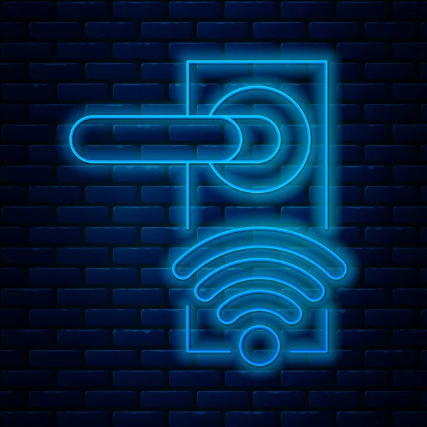 Linia luminoasă de neon Încuietoare digitală a ușii cu tehnologie wireless pentru deblocarea pictogramei izolate pe fundalul peretelui de cărămidă. Semnul mânerului uşii. Casa inteligentă de securitate. Vector Illustration — Vector de stoc