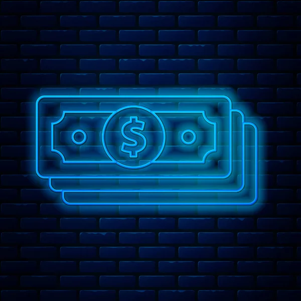 Linha de néon brilhante Empilha ícone de dinheiro em papel isolado no fundo da parede de tijolo. Dinheiro empilha notas. Moeda de conta. Ilustração vetorial — Vetor de Stock