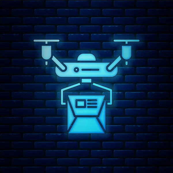 Zářící neon Dron dodání koncept ikona izolované na pozadí cihlové zdi. Quadrocopter nesoucí balíček. Doprava, logistický koncept. Vektorová ilustrace — Stockový vektor