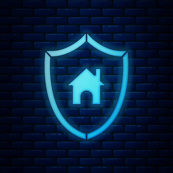Casa de néon brilhante com ícone de escudo isolado no fundo da parede de tijolo. Conceito de seguro. Segurança, segurança, proteção, proteger o conceito. Ilustração vetorial — Vetor de Stock