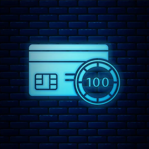 Gloeiende neon Creditcard pictogram geïsoleerd op baksteen muur achtergrond. Online betaling. Contante opname. Financiële verrichtingen. Winkelbord. Vector Illustratie — Stockvector