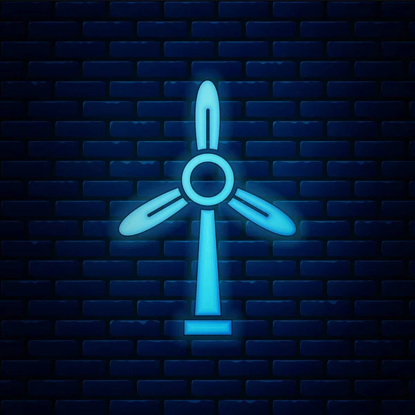 Gloeiende neon Wind turbine icoon geïsoleerd op baksteen muur achtergrond. Windgenerator bord. Windmolen voor elektriciteitsproductie. Vector Illustratie — Stockvector